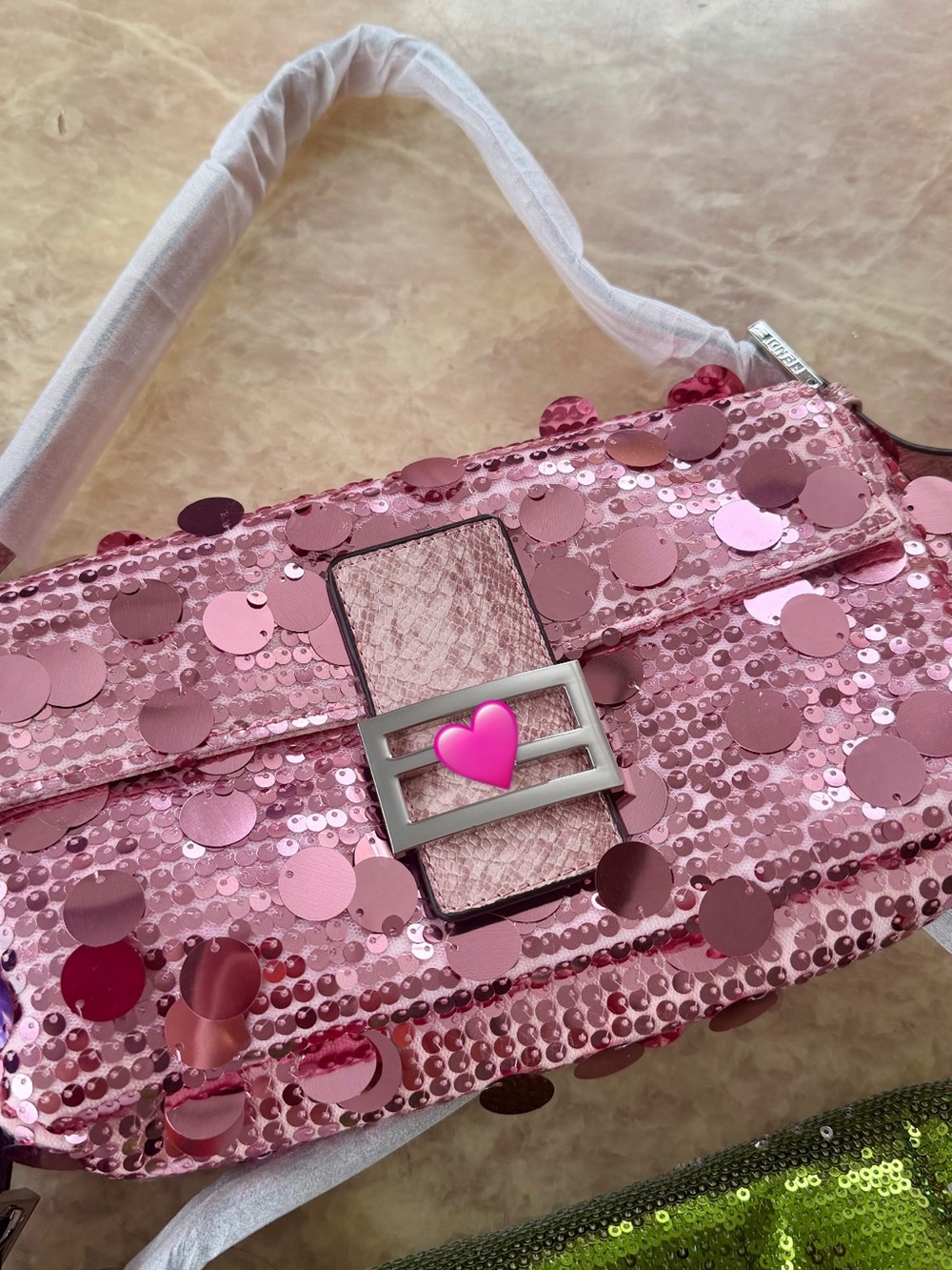 Pink Sequin Shoulder Baguette Bag with Silver Hardware